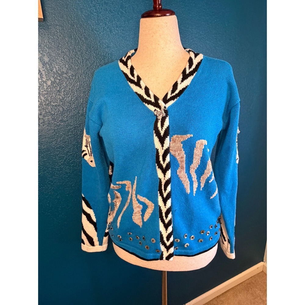 Storybook Knits Zebra Blue Cardigan Sweater V-Neck Embellished Womens Medium